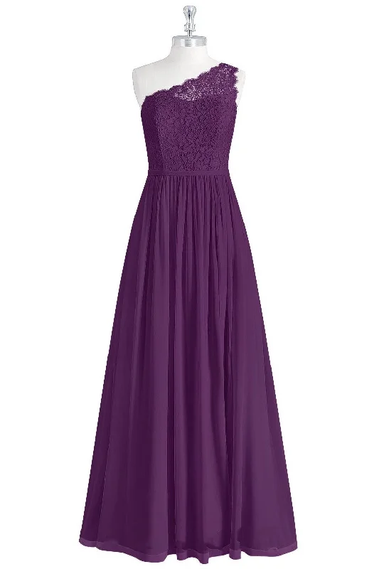 Sweetheart Neckline DressOne-Shoulder Purple Lace A-Line Long Bridesmaid Dress with Slit