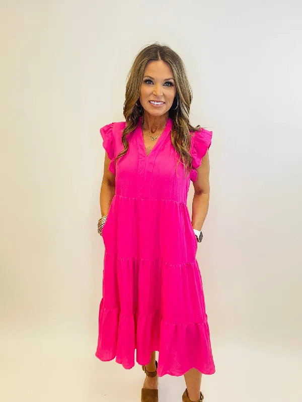 Bell-Sleeve DressESSENTIAL MIDI DRESS IN HOT PINK--RESTOCK IS HERE