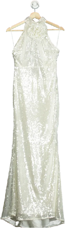 Embellished DressKaren Millen White Sequin Rosette Halter Woven Maxi Dress UK 6