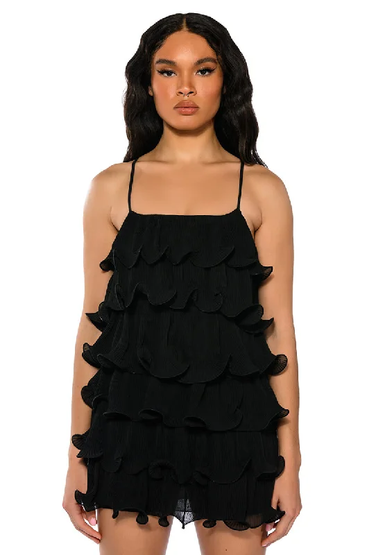 women's smart casual dressesSWEETIE PLEATED RUFFLE SLEEVELESS MINI DRESS IN BLACK