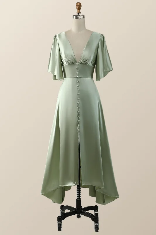 women's bespoke dressesFlare Sleeves Green Empire Midi Bridesmaid Dress