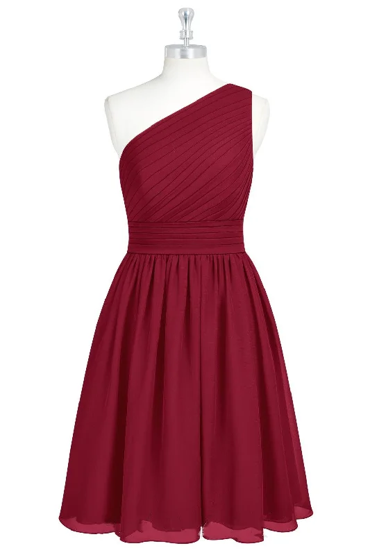 Retro DressWine Red Chiffon One-Shoulder Gathered Short Bridesmaid Dress