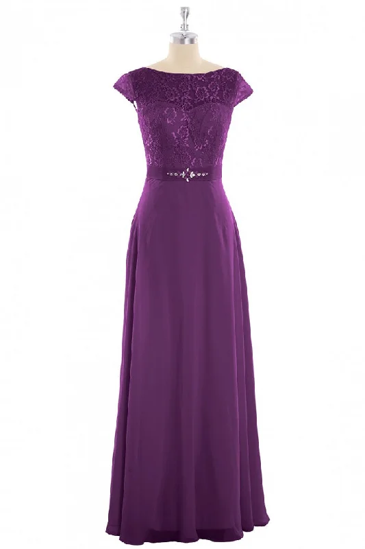 women's bell-sleeved dressesElegant Purple Lace Cap Sleeve A-Line Long Bridesmaid Dress