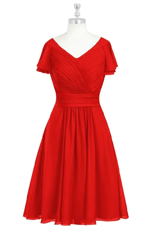 women's formal dressesRed Chiffon V-Neck Ruffled A-Line Short Bridesmaid Dress