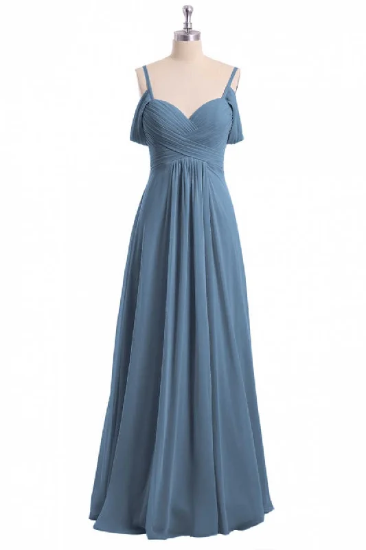 women's floral dressesDusty Blue Chiffon Cold Shoulder A-Line Long Bridesmaid Dress