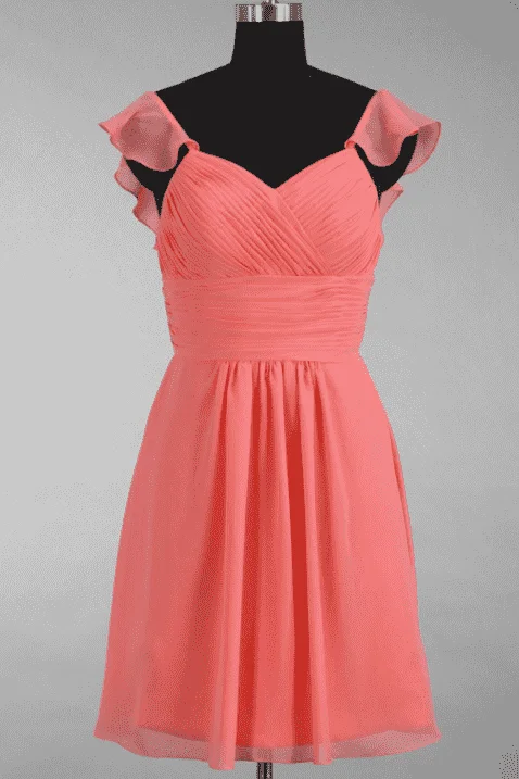 Silk DressCoral Pink Chiffon Ruffled Straps A-Line Short Bridesmaid Dress