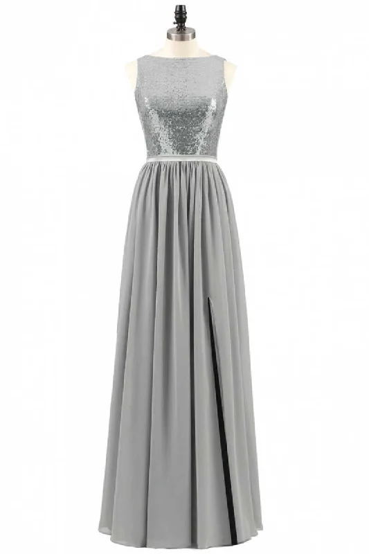 women's velvet dressesGrey Sequin Bateau Neck Backless A-Line Long Bridesmaid Dress