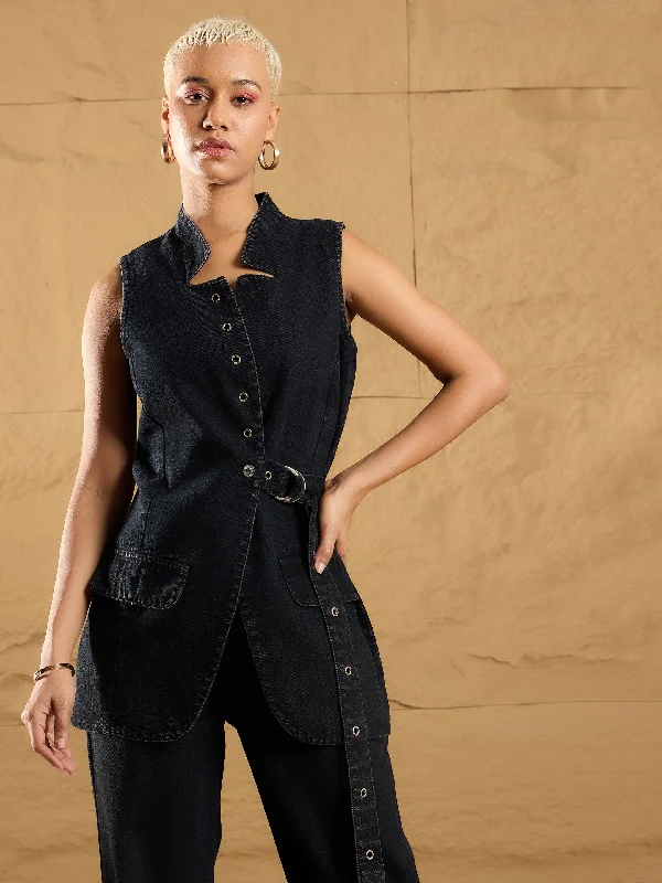 eco-friendly women's coatsWomen Black Wash Denim Eyelet Sleeveless Jacket