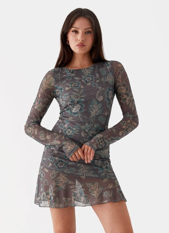 women's stretch dressesInes Long Sleeve Mini Dress - Brown Floral