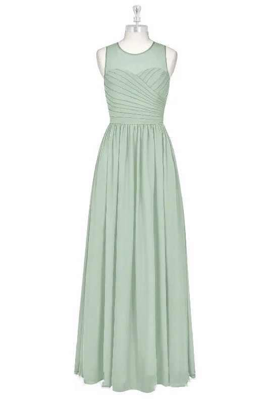 Bow-Tie DressSage Green Chiffon Sheer Neck A-Line Long Bridesmaid Dress