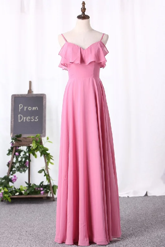 Metallic DressPink Chiffon Straps Ruffled A-Line Long Bridesmaid Dress