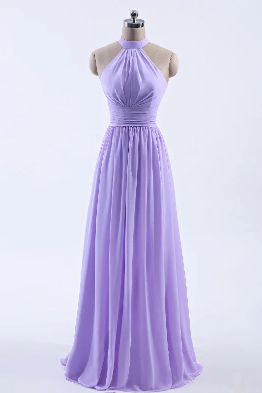 women's cinched-waist dressesHigh Neck Lavender Chiffon Empire A-line Long Bridesmaid Dress