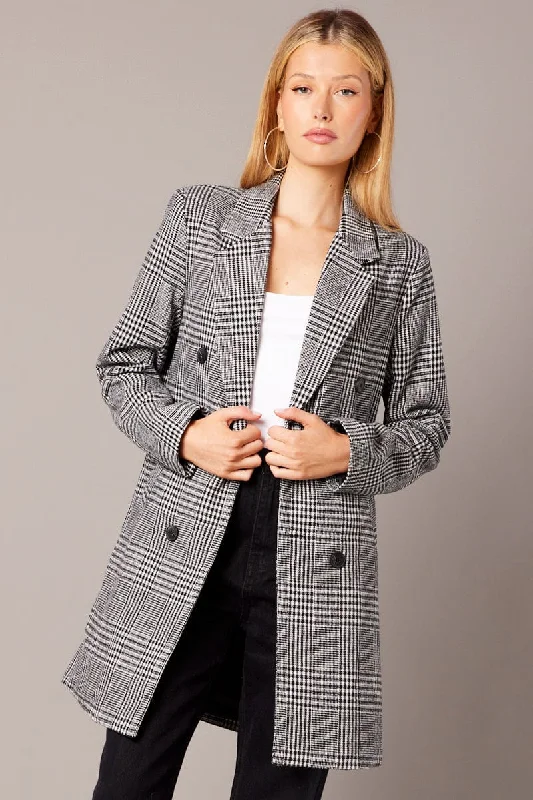 women's coats with cinched waistsBlack Check Coat Longline Collared Long Sleeve