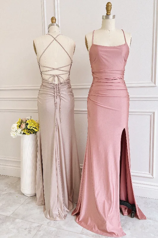 Leather DressDusty Pink Satin Lace-Up Sheath Long Bridesmaid Dress with Slit