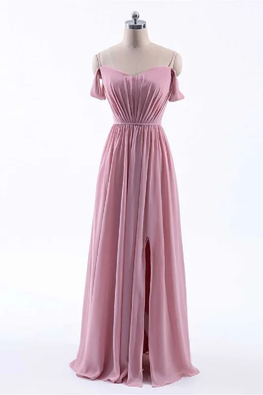 Bell-Sleeve DressDusty Pink Chiffon Cold-Shoulder A-Line Long Bridesmaid Dress