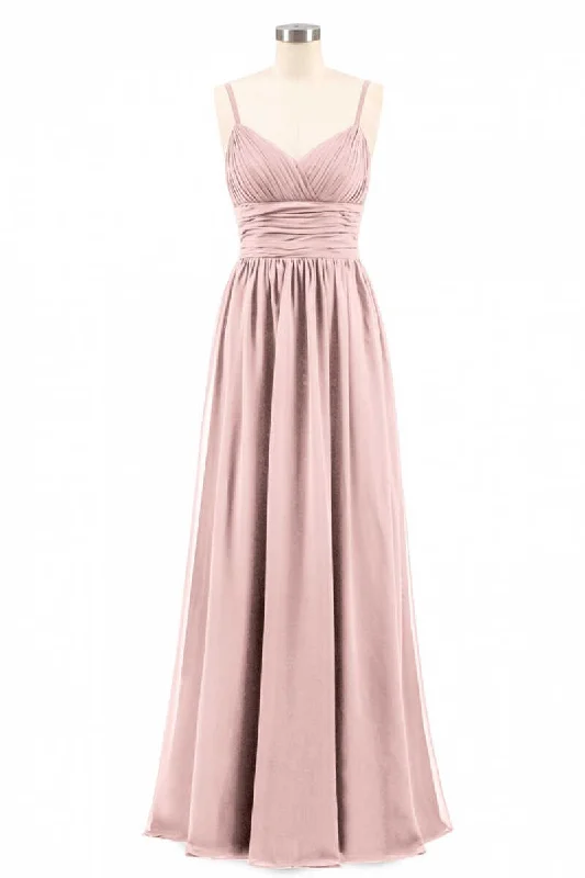 women's retro dressesDusty Pink Spaghetti Straps Banded Waist Long Bridesmaid Dress