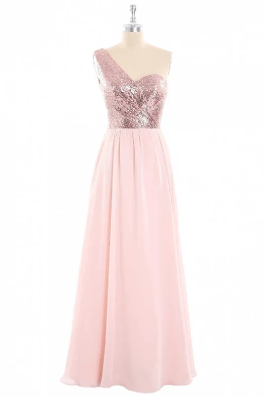 women's club dressesOne-Shoulder Sequin and Chiffon A-Line Long Bridesmaid Dress