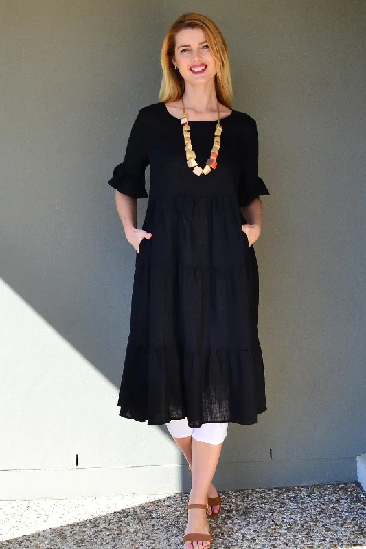 Black Linen Blend Midi Dress