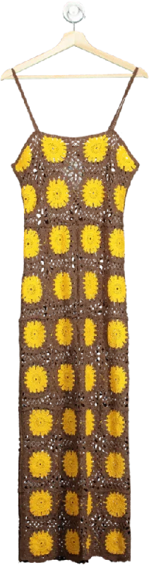 women's velvet dressesNA-KD Brown/Yellow Crochet Knitted Thin Strap Maxi Dress UK S/M