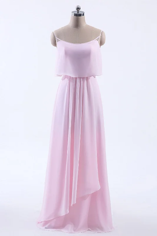 women's bodycon dressesPink Flounce Chiffon Straps A-line Long Bridesmaid Dress