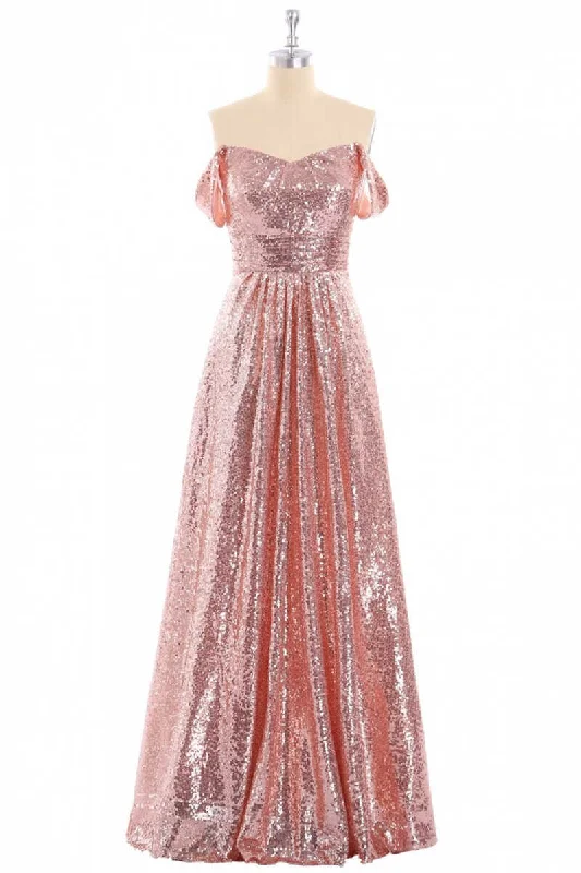 women's minimalist dressesRose Gold Sequin Off-the-Shoulder A-Line Long Bridesmaid Dress