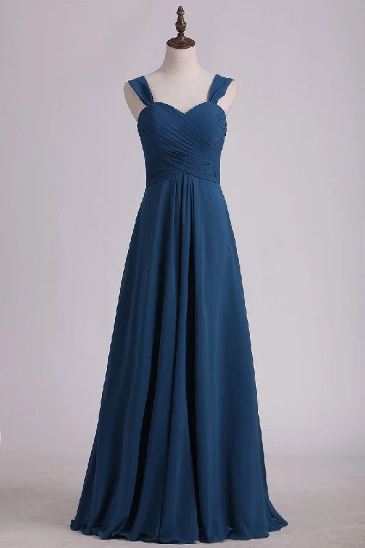 Solid Color DressNavy Blue Chiffon Sweetheart A-Line Long Bridesmaid Dress