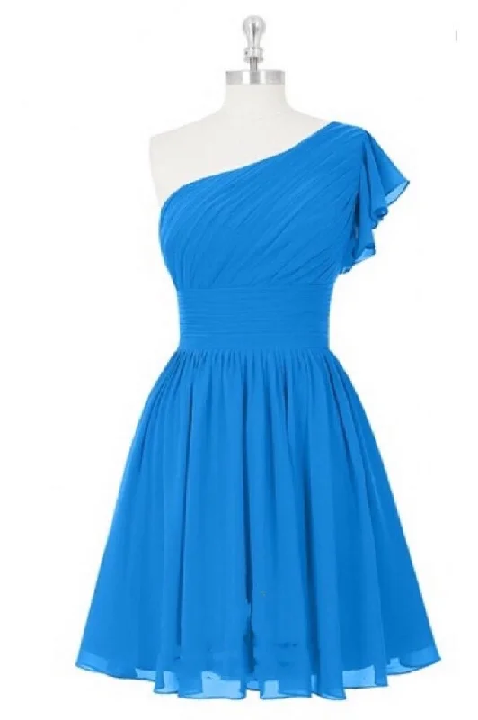 Plunging Neckline DressBlue One-Shoulder Ruffled Sleeve Short Bridesmaid Dress