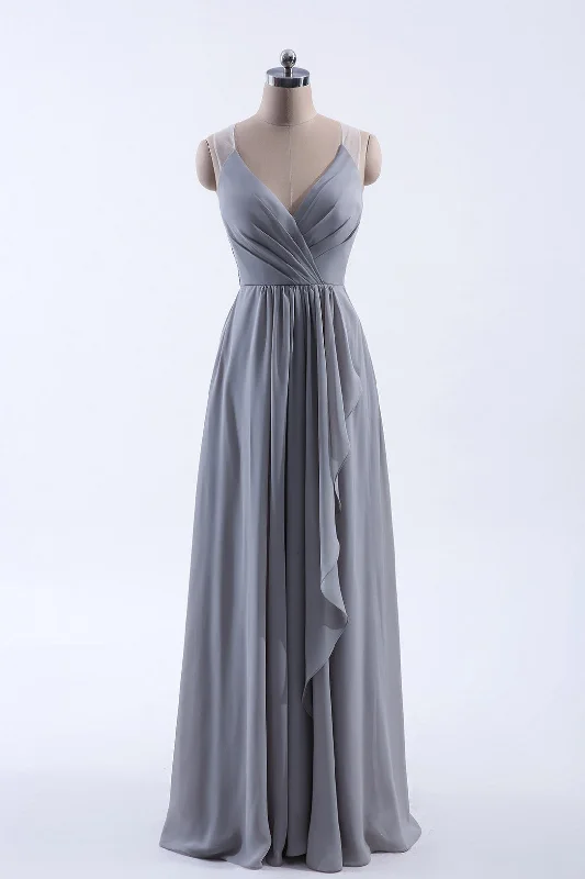 women's stretch dressesSilve Chiffon A-line Ruffles Long Bridesmaid Dress