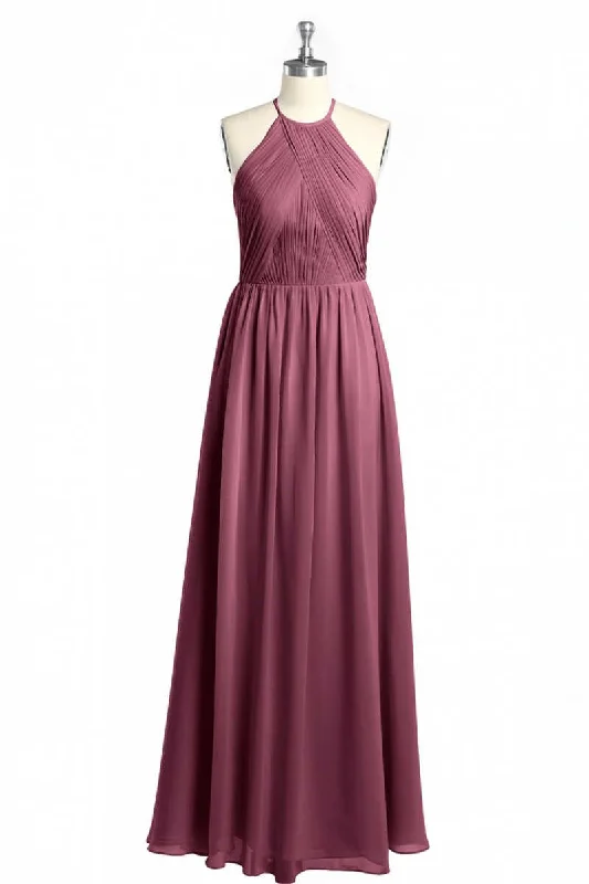 women's spaghetti strap dressesMauve Chiffon Halter Backless A-Line Long Bridesmaid Dress