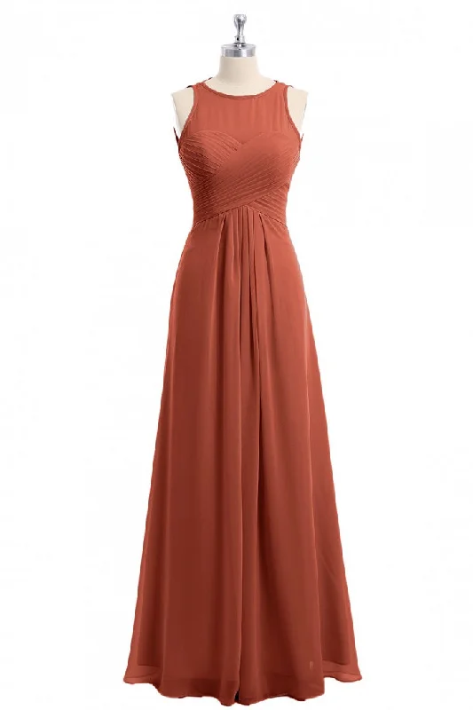 women's A-line dressesRust Orange Crew Neck Backless A-Line Long Bridesmaid Dress