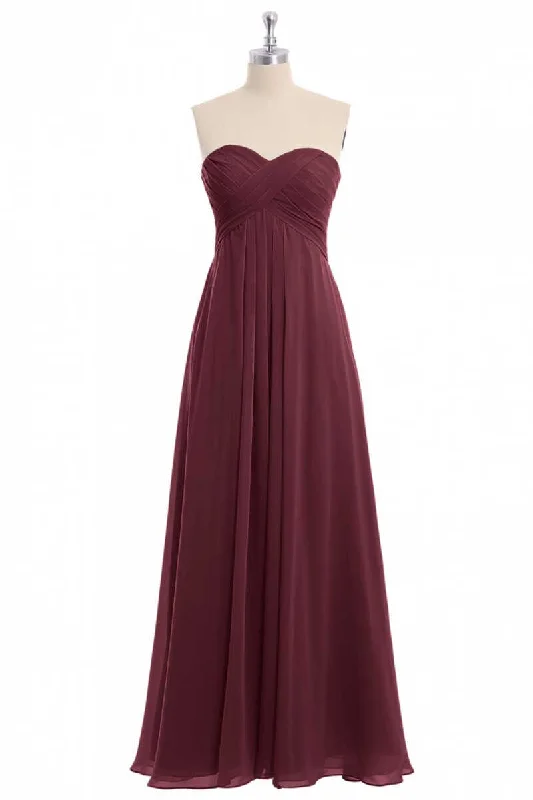 women's empire-line dressesBurgundy Chiffon Strapless Sweetheart A-Line Long Bridesmaid Dress