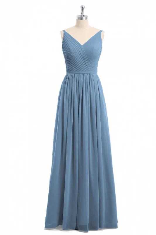 women's everyday dressesSimple Dusty Blue V-Neck Backless A-Line Long Bridesmaid Dress