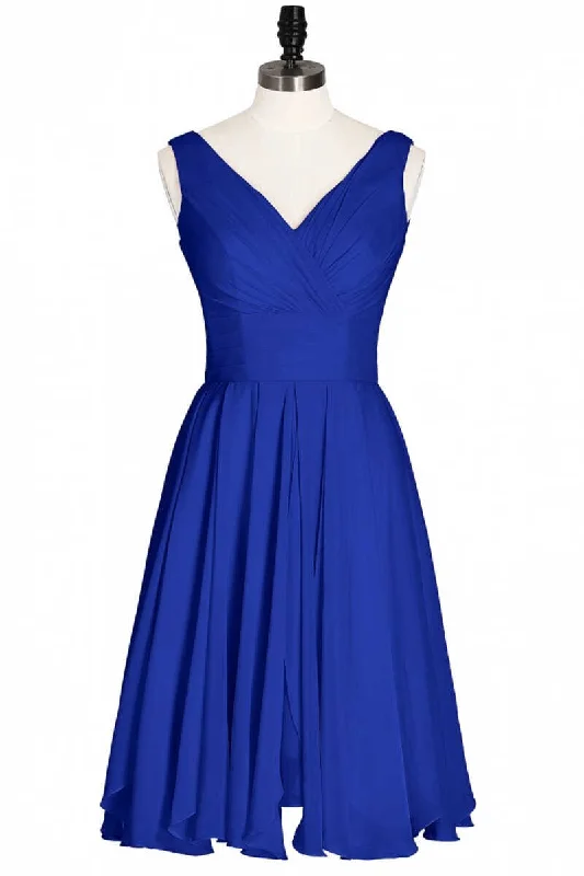 women's pastel dressesRoyal Blue Chiffon V-Neck Backless A-Line Short Bridesmaid Dress