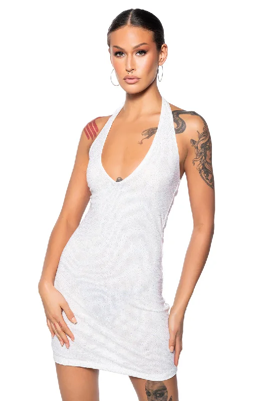 Flowy DressSHES GLOWING RHINESTONE MINI DRESS IN WHITE