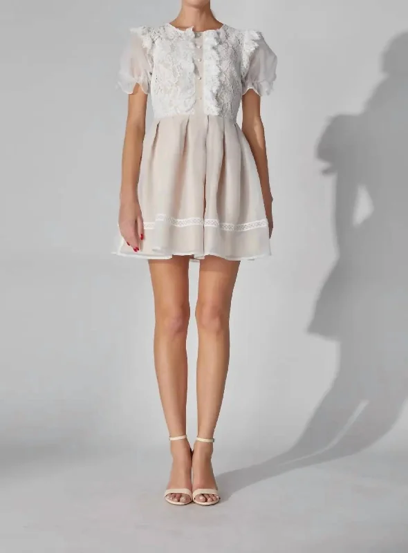 Peplum Hem DressPuff Sleeve Lace Mini Dress In White/beige