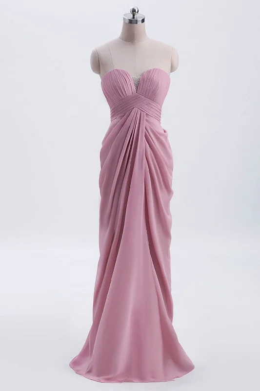 women's ruffle dressesStrapless Blush Pink Draped High Waist Long Bridesmaid Dress