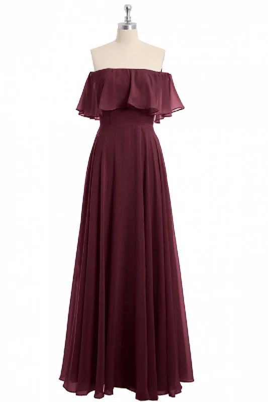 women's curve-hugging dressesBurgundy Chiffon Strapless Ruffled A-Line Long Bridesmaid Dress