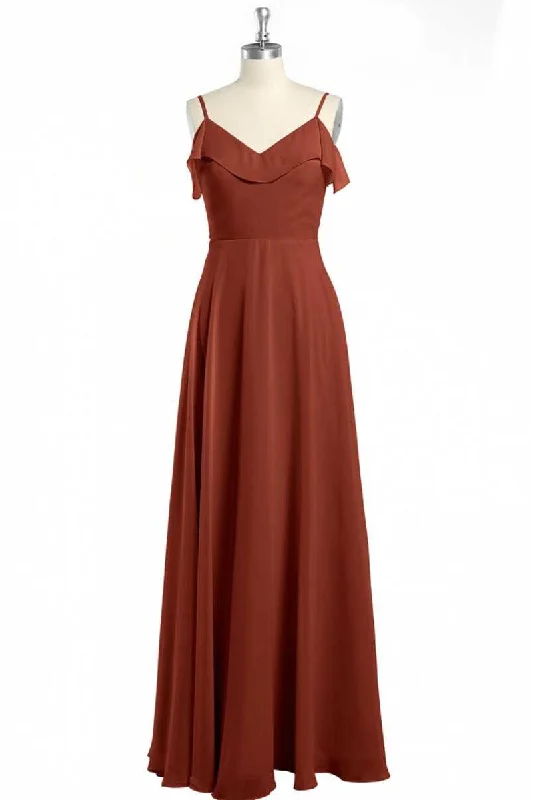 Fit-And-Flare DressRust Orange Chiffon Straps Ruffled A-Line Bridesmaid Dress