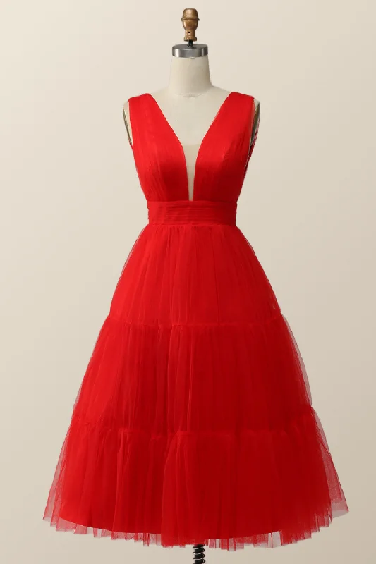 women's versatile dressesEmpire Red Tulle A-line Midi Dress