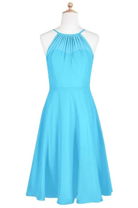 women's maxi dressesPool Blue Chiffon Halter Short Bridesmaid Dress