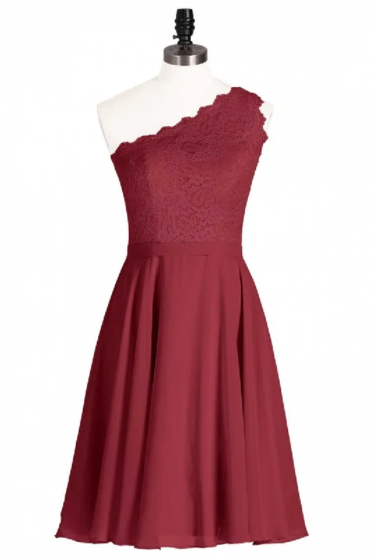 women's plus-size dressesOne-Shoulder Burgundy Lace A-Line Short Bridesmaid Dress