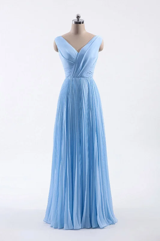 women's halter dressesBlue Pleated A-line Chiffon Long Bridesmaid Dress