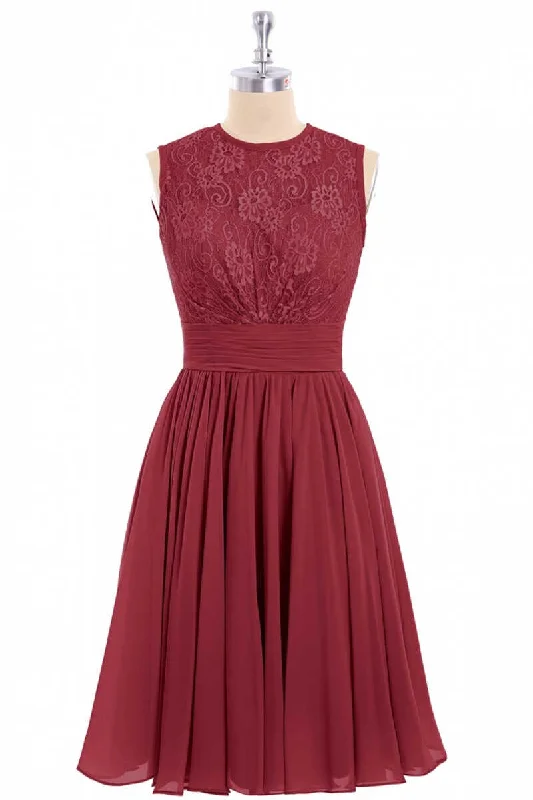 women's sleeveless dressesBurgundy Lace Sleeveless Backless A-Line Short Bridesmaid Dress