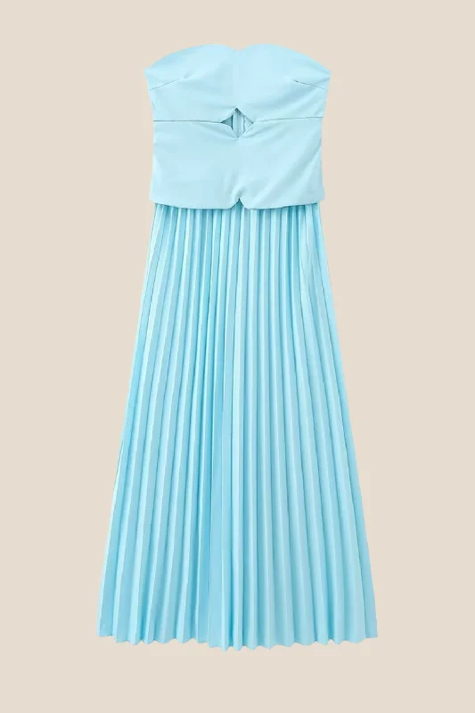 women's limited-edition dressesStrapless Light Blue Pleated Midi Dress