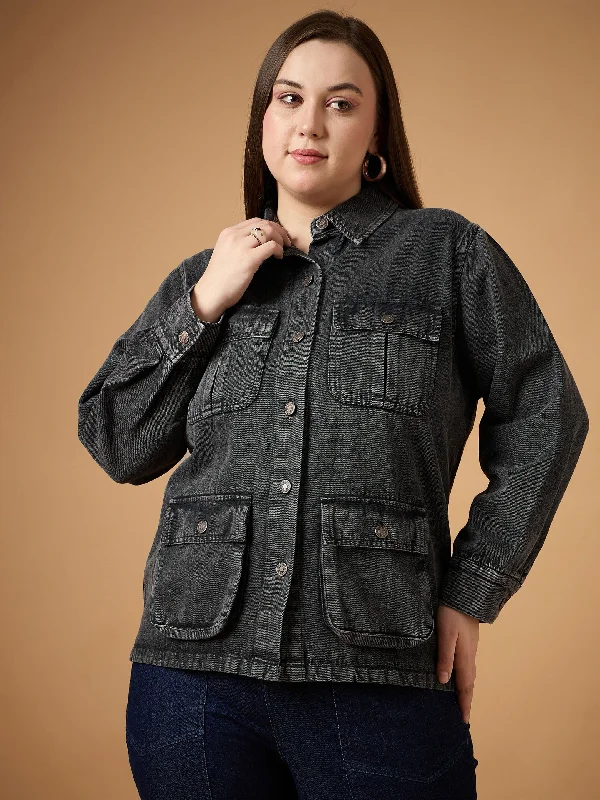 women's coats for those who want to make a fashion statementWomen Black Acid Denim Wash Shacket