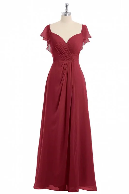 High-Low DressWine Red Chiffon Backless Ruffled Sleeve Long Bridesmaid Dress