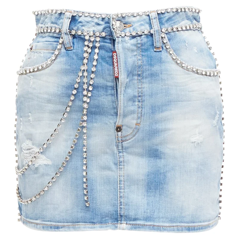 women's spandex shortsDsquared2 Distressed Denim Crystal Chain Embellished Mini Skirt