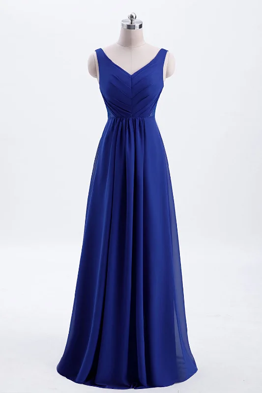 women's velvet dressesRoyal Blue Pleated A-line Chiffon Long Bridesmaid Dress