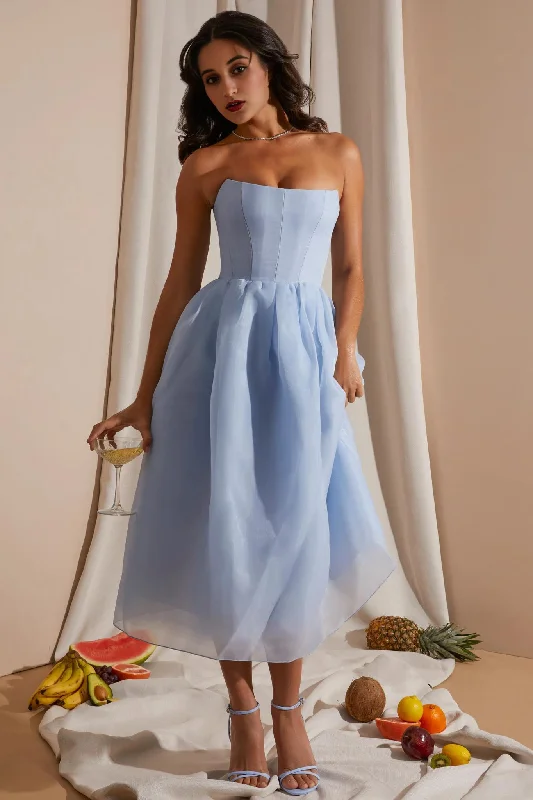 women's high-low dressesStrapless Corset Tulle Midi Dress in Blue