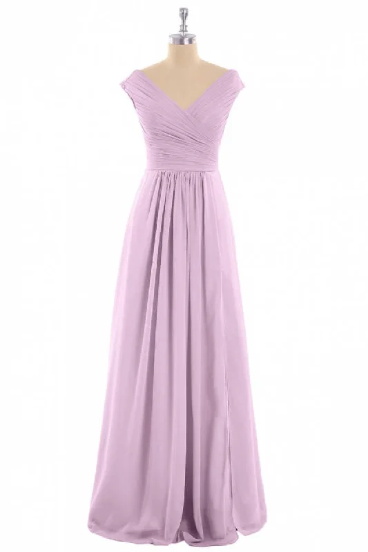 women's bow dressesDusty Purple Chiffon V-Neck Backless A-Line Long Bridesmaid Dress